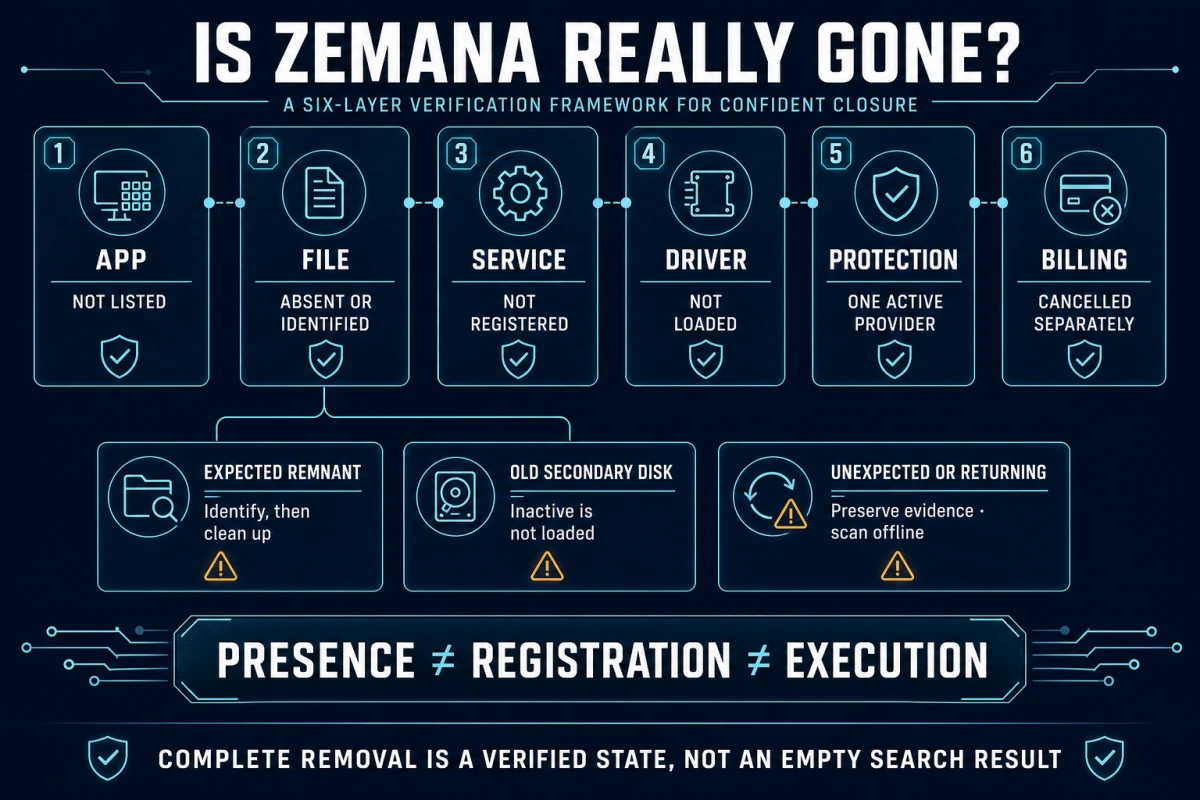 Six-layer verification of Zemana app file service driver protection provider and separate billing states after removal