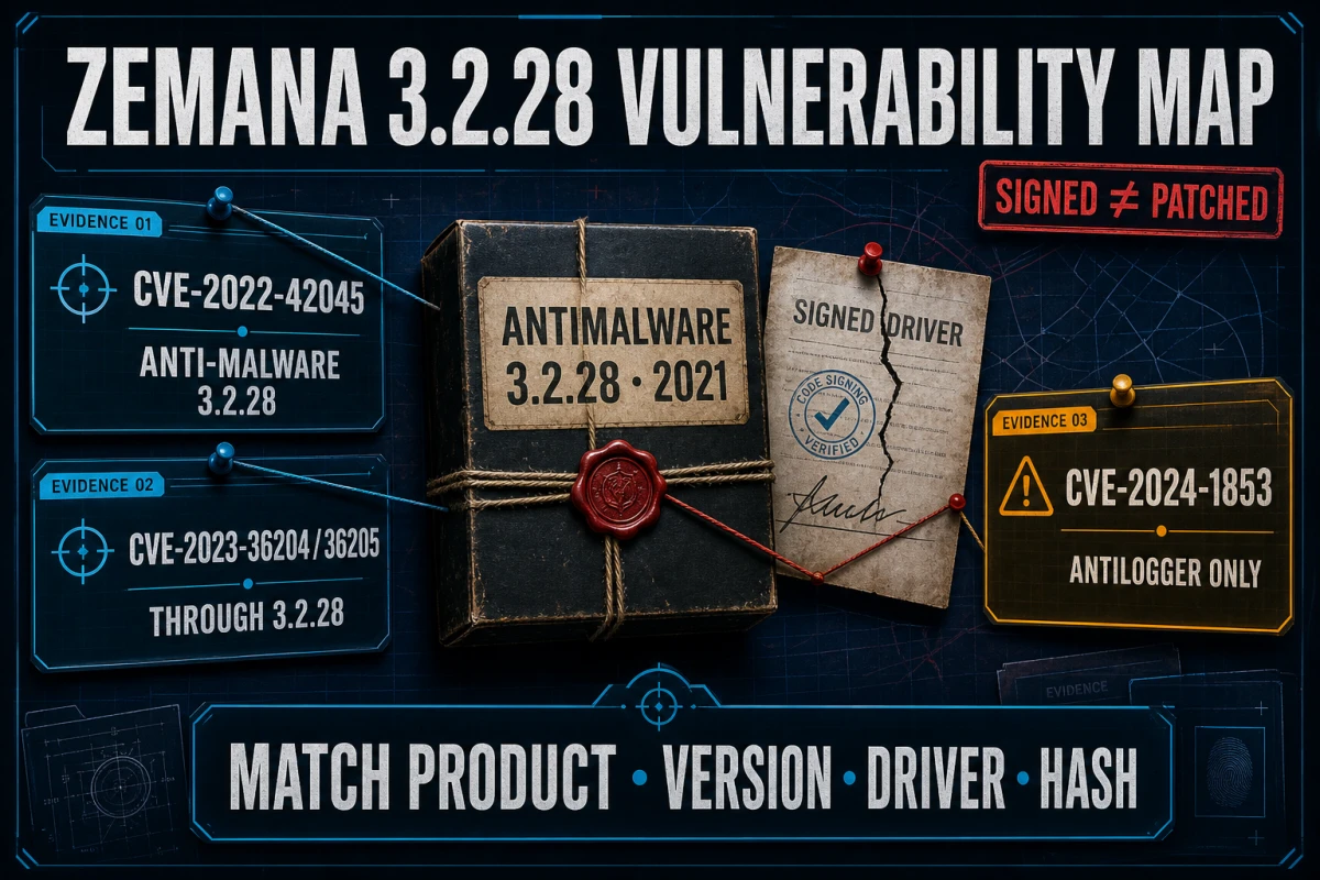 Zemana 3.2.28 vulnerability map separating AntiMalware and AntiLogger CVE scope